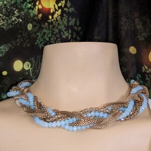 Multi-Strand Gold-tone Chain And Faceted Blue Bead Necklace/Choker Adjustable